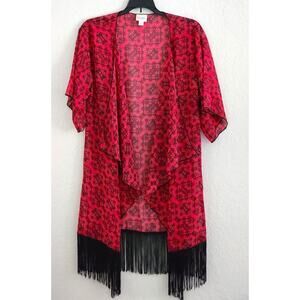 Kimono/Robe/Cover Up-LuLaRoe-Sheer-Red & Black-Black Fringe-Open Front-Size SM